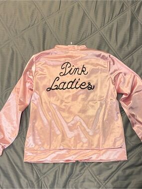 Pink Satin Bomber Jacket with "Pink Ladies" Script